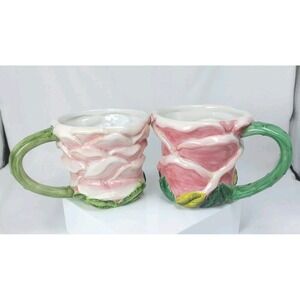 American Atelier Rose Toile Floral Petal Cup Mug Set Of 2 Pink #5232 Hand Paint